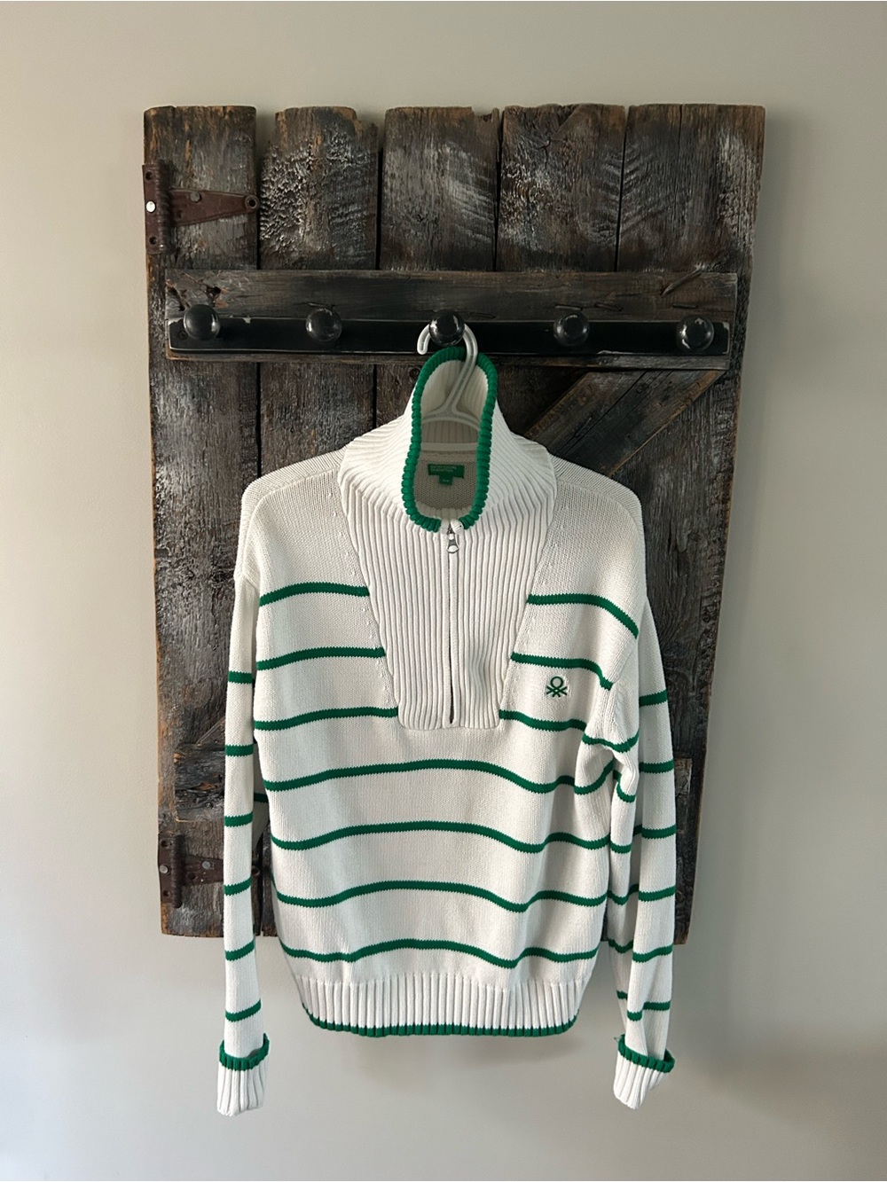 Striped Half-Zip Sweater in White & Green - Casual Women’s Knit